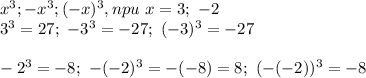 x^3; -x^3; (-x)^3, npu \ x=3; \ -2\\&#10;3^3=27; \ -3^3=-27;\ (-3)^3=-27\\\\&#10;-2^3=-8;\ -(-2)^3=-(-8)=8; \ (-(-2))^3=-8