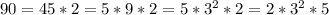 90= 45*2 = 5*9*2=5*3^2*2 = 2*3^2*5