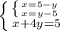 \left \{ {{ \left \{ {{x=5-y} \atop {x=y-5}} \right.} \atop {x+4y=5}} \right.