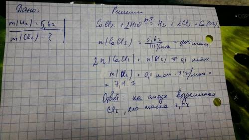 При электролизе раствора хлорида кальция на катоде выделилось 5,6 г. водорода. какой газ выделился н