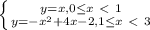 \left \{ {{y=x, 0 \leq x\ \textless \ 1} \atop {y=-x^2+4x-2, 1 \leq x \ \textless \ 3}} \right.