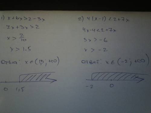 Решите линейное уравнение 1) х+6х> 2-3х 2) 4(х-1)< 2+7х