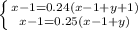 \left \{ {{x-1=0.24(x-1+y+1)} \atop {x-1=0.25(x-1+y)}} \right.