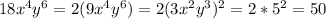 18x^{4}y^{6}=2(9x^{4}y^{6})=2(3x^{2}y^{3})^{2}=2*5^{2}=50