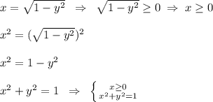 x=\sqrt{1-y^2}\; \; \Rightarrow \; \; \sqrt{1-y^2} \geq 0\; \Rightarrow \; x \geq 0\\\\x^2=(\sqrt{1-y^2})^2\\\\x^2=1-y^2\\\\x^2+y^2=1\; \; \Rightarrow \; \; \left \{ {{x \geq 0} \atop {x^2+y^2=1}} \right.