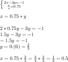 \left \{ {{2x-3y=-1} \atop { \frac{x}{y} =0.75}} \right. \\ \\ x=0.75*y \\ \\ 2*0.75y-3y=-1 \\ 1.5y-3y=-1 \\ -1.5y= -1 \\ y=0.(6)= \frac{2}{3} \\ \\ x=0.75* \frac{2}{3}= \frac{3}{4}* \frac{2}{3}= \frac{1}{2}=0.5