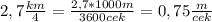 2,7 \frac{km}{4} = \frac{2,7*1000m}{3600cek}= 0,75 \frac{m}{cek}