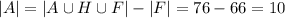 |A|=|A\cup H\cup F|-|F\cupH|=76-66=10