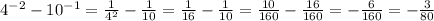 4^{-2}-10^{-1}= \frac{1}{4^2}- \frac{1}{10}= \frac{1}{16} - \frac{1}{10}= \frac{10}{160} - \frac{16}{160}=- \frac{6}{160}=- \frac{3}{80}