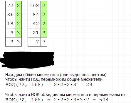 Найти нод и нок чисел 72 и 168 ,84 и 98