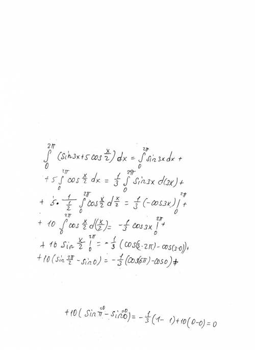 Найти интеграл от 0 до 2п (sin3x+5cos x/2) нужно найти первообразную в скобках. и подставить интегра