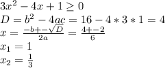 3 x^{2} -4x+1 \geq 0 \\ D=b^2-4ac=16-4*3*1=4 \\ x= \frac{-b+- \sqrt{D} }{2a} = \frac{4+-2}{6} \\ x_{1}=1 \\ x_{2}= \frac{1}{3}