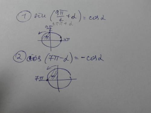 Кострому углу : 1) sin(9/2(п)+a) ; 2) cos(7п-a)