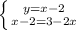 \left \{ {{y=x-2} \atop {x-2=3-2x}} \right.