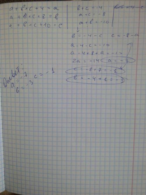 Сумма трёх чисел больше первого слагаемого на 4, второго - на 8, третьего - на 10. чему равна эта су