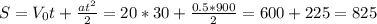 S=V_0t+ \frac{at^2}{2} =20*30+ \frac{0.5*900}{2}=600+225=825