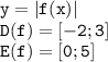 \tt \displaystyle y=|f(x)|\\ D(f)=[-2;3]\\ E(f)=[0;5]