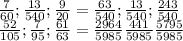 \frac{7}{60};\frac{13}{540};\frac{9}{20}=\frac{63}{540};\frac{13}{540};\frac{243}{540} \\ \frac{52}{105};\frac{7}{95};\frac{61}{63}=\frac{2964}{5985} \frac{441}{5985} \frac{5795}{5985}