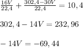 \frac{16V}{22,4}+\frac{302,4-30V}{22,4}=10,4 \\ \\ 302,4-14V=232,96 \\ \\ -14V=-69,44