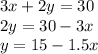 3x+2y=30 \\ 2y=30-3x \\ y=15-1.5x