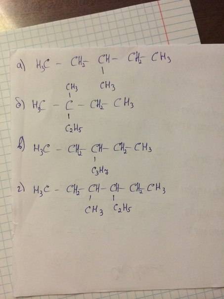 Напишите структурные ф-лы следующих веществ: а) 3-метилпентан, б) 2-этил-2метилбутан, в) 3-пропилпен