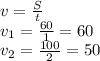 v= \frac{S}{t} \\ v_{1}= \frac{60}{1}=60 \\ v_{2}= \frac{100}{2}=50