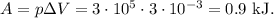 A=p\Delta V=3\cdot 10^{5}\cdot 3\cdot 10^{-3}=0.9 \mathrm{\ kJ.}