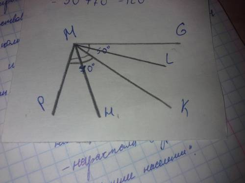 Луч мк делит угол рмg на углы с величинами 50* и 70*. 1. чему равна величина углаpmg? 2. сделайте ри