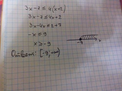 Решить неравенство: 3x-7< =(меньше или равно) 4(х+2)