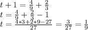 t+1= \frac{4}{9}+ \frac{2}{3} \\ t=\frac{4}{9}+ \frac{2}{3}-1 \\ t= \frac{4*3+2*9-27}{27} = \frac{3}{27} = \frac{1}{9}