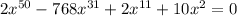 2x^{50}-768x^{31}+2x^{11}+10x^{2}=0