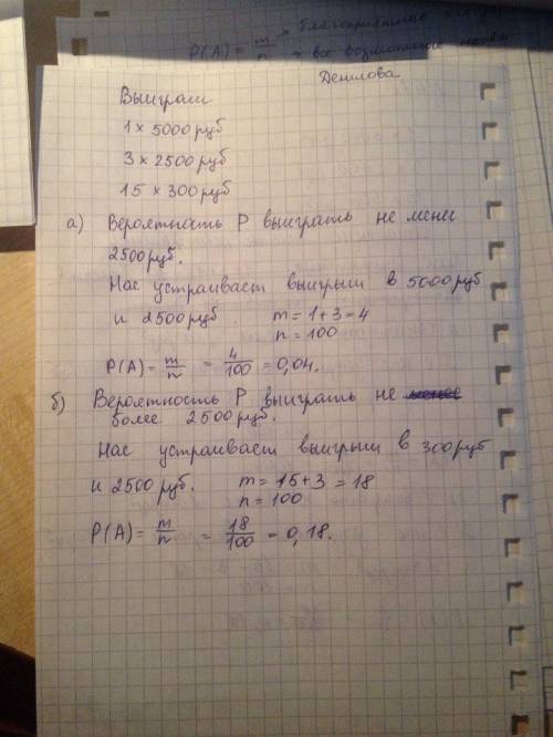 Влотерее 100 билетов: среди них один выигрыш в 5000 руб., 3 выигрыша по 2500 руб., 15 выигрышей по 3