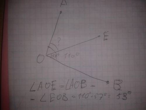 Луч oeделит угол aob на два угла. найдите угол aoe, если угол aobравен 110 градусам, угол eob равен