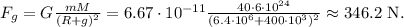 F_g=G\frac{mM}{(R+g)^2}=6.67\cdot 10^{-11}\frac{40\cdot 6\cdot 10^{24}}{(6.4\cdot 10^6+400\cdot 10^3)^2}\approx 346.2\mathrm{\ N.}