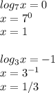 log_7x=0\\x=7^0\\x=1\\\\log_3x=-1\\x=3^{-1}\\x=1/3