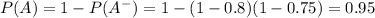 P( A)=1-P( A^{-} )=1-(1-0.8)(1-0.75)=0.95