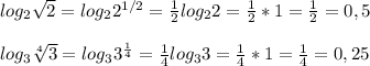 log_2 \sqrt{2}=log_22^{1/2}= \frac{1}{2}log_22=\frac{1}{2}*1=\frac{1}{2}=0,5\\\\log_3 \sqrt[4]{3}=log_33^{\frac{1}{4}}=\frac{1}{4} log_33=\frac{1}{4}*1=\frac{1}{4}=0,25