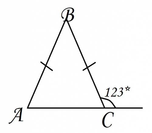 Втреугольнике авс стороны ав и вс равны, а внений угол при вершине с равен 123. найдите величену угл