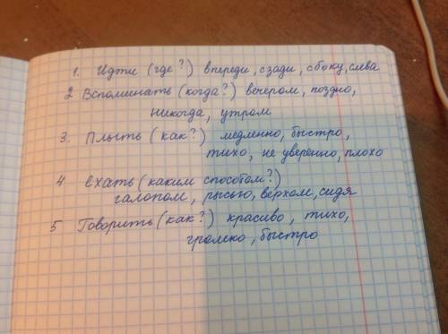 Надо подберите к глаголам по 4 наречия образец: бежать (куда? ) назад,вверх,налево, наверх 1.идти (г