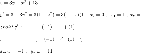 y=3x-x^3+13\\\\y'=3-3x^2=3(1-x^2)=3(1-x)(1+x)=0\; ,\; \; x_1=1\; ,\; x_2=-1\\\\znaki\; y'\, :\; \; \; ---(-1)+++(1)---\\\\.\qquad \qquad \qquad \searrow \; \; \; (-1)\; \; \nearrow \; \; (1)\; \; \searrow \\\\x_{min}=-1\; ,\; \; y_{min}=11