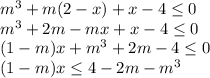 m^3+m(2-x)+x-4 \leq 0 &#10;\\&#10;m^3+2m-mx+x-4 \leq 0 &#10;\\&#10;(1-m)x+m^3+2m-4 \leq 0 &#10;\\&#10;(1-m)x \leq 4-2m-m^3