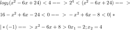 log _{2}(x ^{2} -6x+24)\ \textless \ 4==\ \textgreater \ 2 ^{4} \ \textless \ (x ^{2} -6x+24)==\ \textgreater \ \\ \\ 16-x ^{2} +6x-24\ \textless \ 0==\ \textgreater \ -x ^{2} +6x-8\ \textless \ 0|* \\ \\ |*(-1)==\ \textgreater \ x ^{2}-6x+8\ \textgreater \ 0 x _{1} =2; x _{2} =4