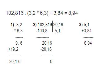 Решить в столбик 102,816: (3,2*6,3)+3,84=