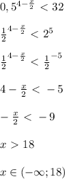 0,5^{4- \frac{x}{2} }\ \textless \ 32\\\\&#10; \frac{1}{2} ^{4- \frac{x}{2}}\ \textless \ 2^5\\\\&#10; \frac{1}{2}^{4- \frac{x}{2}}\ \textless \ \frac{1}{2}^{-5}\\\\&#10;4- \frac{x}{2}\ \textless \ -5\\\\&#10;- \frac{x}{2}\ \textless \ -9\\\\&#10;x\ \textgreater \ 18\\\\&#10;x \in (- \infty; 18)