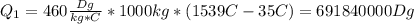 Q_1=460 \frac{Dg}{kg*C}*1000kg*(1539C-35C)=691840000Dg