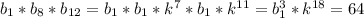 b_{1}* b_{8}* b_{12}= b_{1}* b_{1}*k^7* b_{1}* k^{11}= b_{1}^3* k^{18}=64