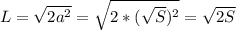 L= \sqrt{2a^2}=\sqrt{2*(\sqrt{S})^2}=\sqrt{2S}