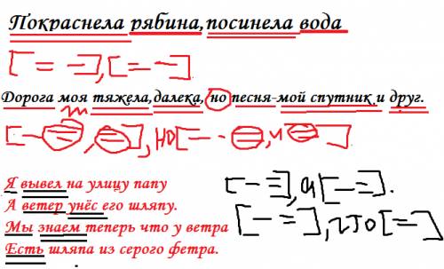 схемы предложений 1)покраснела рябина,посинела вода. 2)дорога моя тяжела,далека, но песня-мой спутни