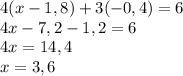 4(x-1,8)+3(-0,4)=6\\4x-7,2-1,2=6\\4x=14,4\\x=3,6