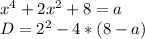 x^{4} +2 x^{2} +8=a \\ D=2^2-4*(8-a)